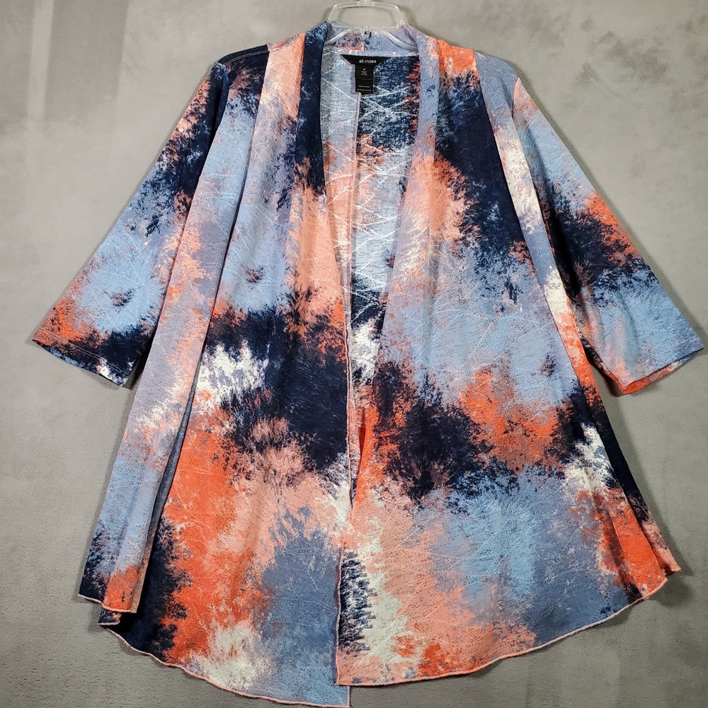 Ali Miles Cardigan Womens M Blue Coral Abstract Art to‎ Wear Boho Watercolor NEW